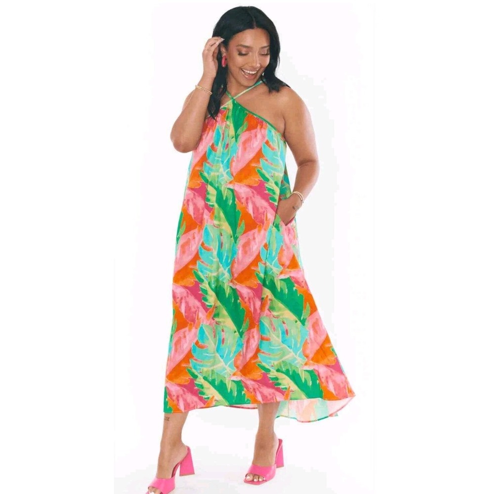 Show Me Your Mumu Lexington Midi Dress Tropical Palm Linen Blend Size M Made USA
